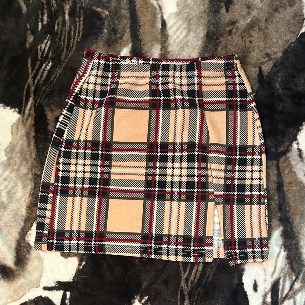 SHEIN Tan Plaid Mini Skirt